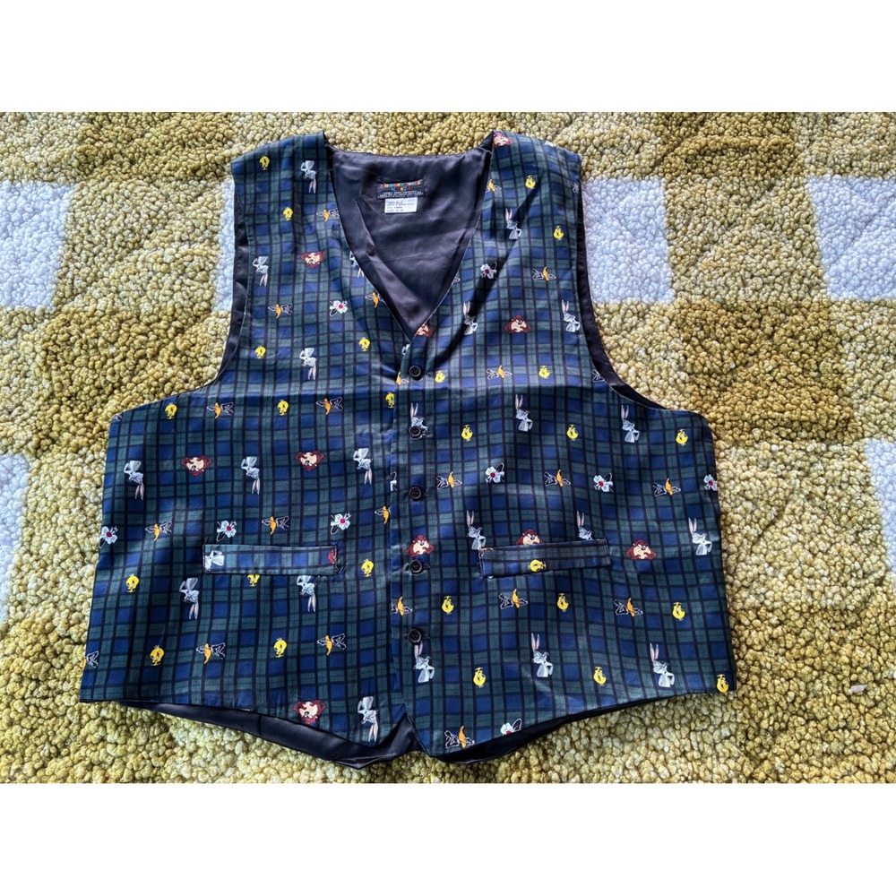 Vintage Looney Tunes Mania Silk Vest Plaid Bugs Bunny Tweety Green Blue S/M 1993